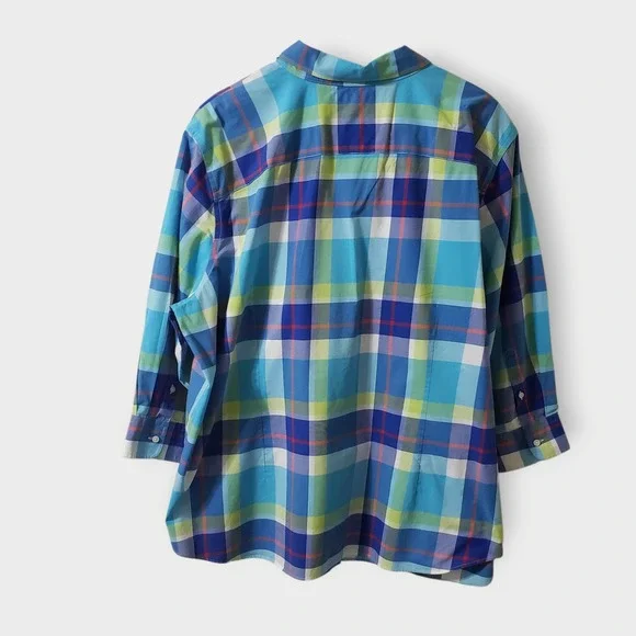 Chaps Womens 3X Blue Green Plaid No Iron Button Up Shirt 3/4 Sleeve Paisley Trim - Picture 4 of 10